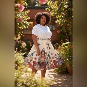 Frida Kahlo Floral Print Pleated Skirt